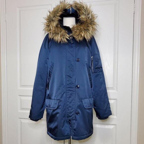 GAP Women’s Hooded Parka Faux Fur Trim Navy Blue Size M - Picture 5 of 10